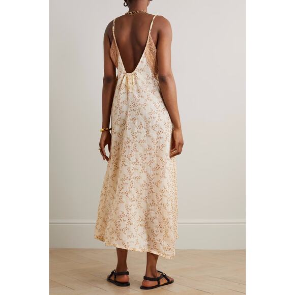 Yvonne S Midi Trapeze Dress 100% Linen Lace Trim Ditzy Floral Print Medium NWOT - Picture 2 of 13